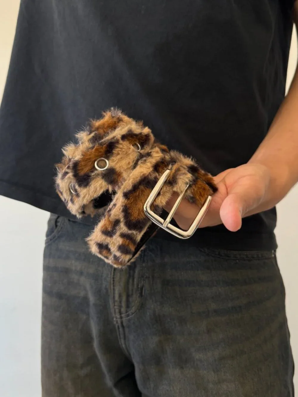 Plush Leopard Faux Fur Silver Buckle Belt